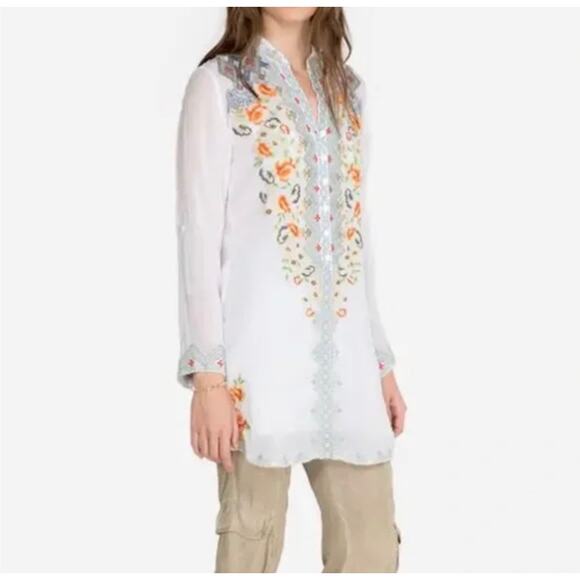 Johnny Was Women’s XS Harlow White Embroidered Sheer Tunic Blouse Top designer - Picture 2 of 10